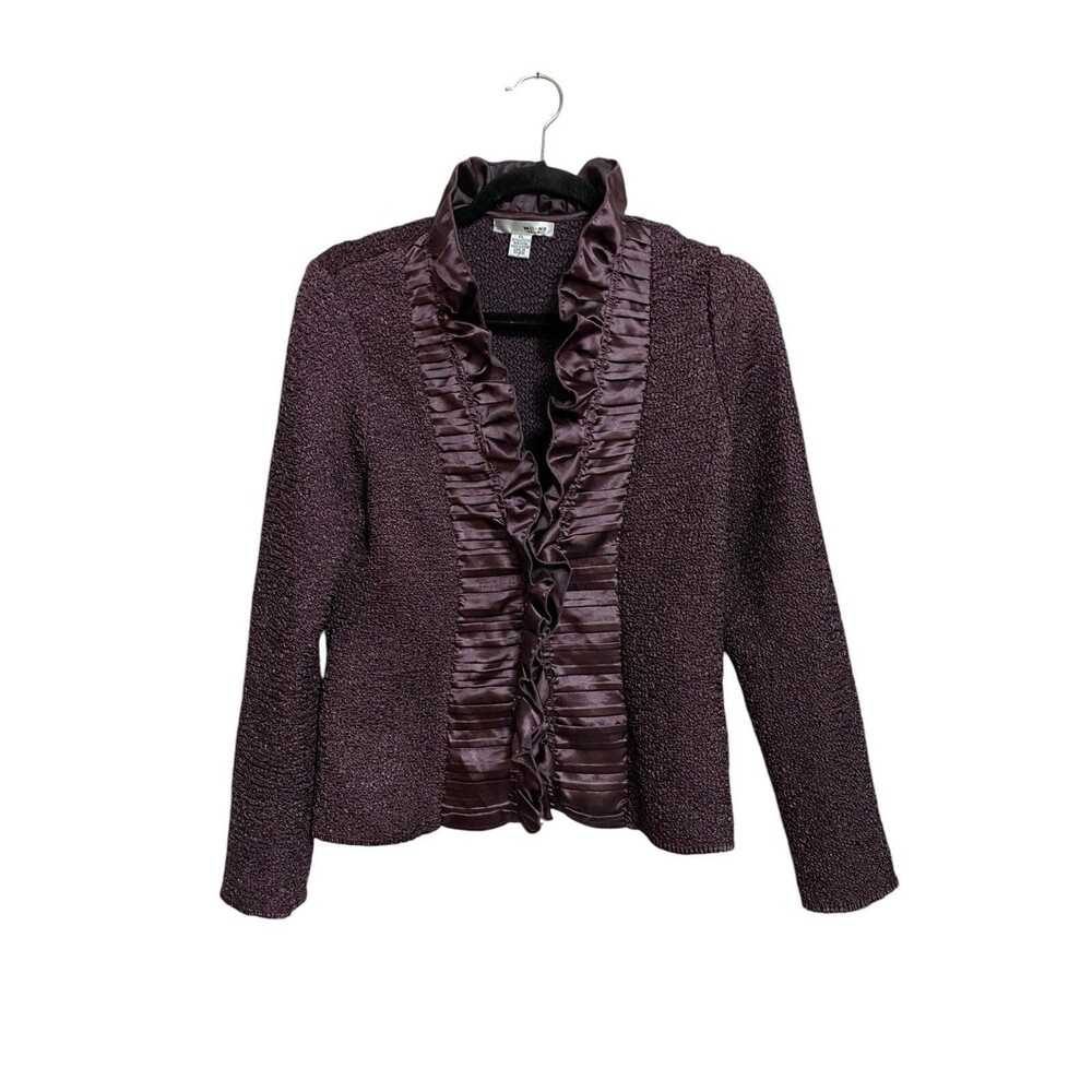 WD.NY Petite Large Eggplant Crinkle Cardigan Satin Ruffle Trim